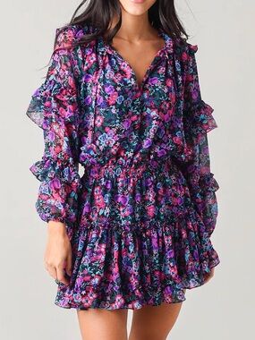 Misa Los Angeles Rizhou Mini Dress Purple Floral Ballon Sleeve Ruffle Medium
